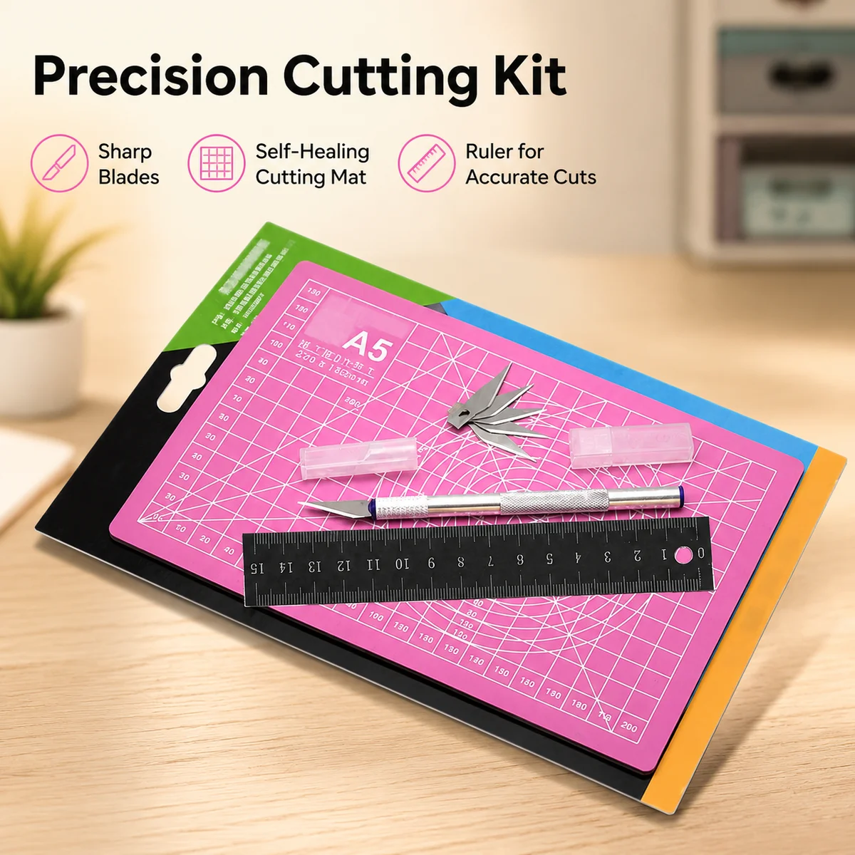 Cutting Mat Self Heal - ชุดเครื่องมือตัดละเอียด A5 สีชมพู พร้อมแผ่นรองตัดซ่อมแซมตัวเอง, มีดงานฝีมือ, ใบมีดสำรอง