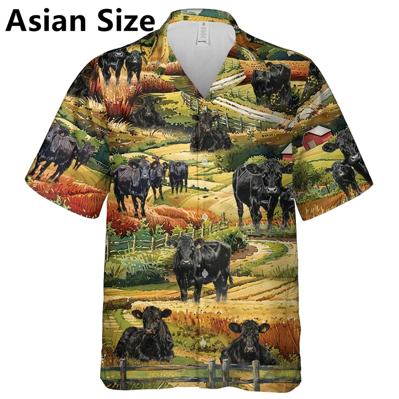 Retro Farm Cow Graphic Shirts For Men Fashion Summer Short Sleeve Lapel Button 3D Animal Printed Shirts Casual Oversized Blouse