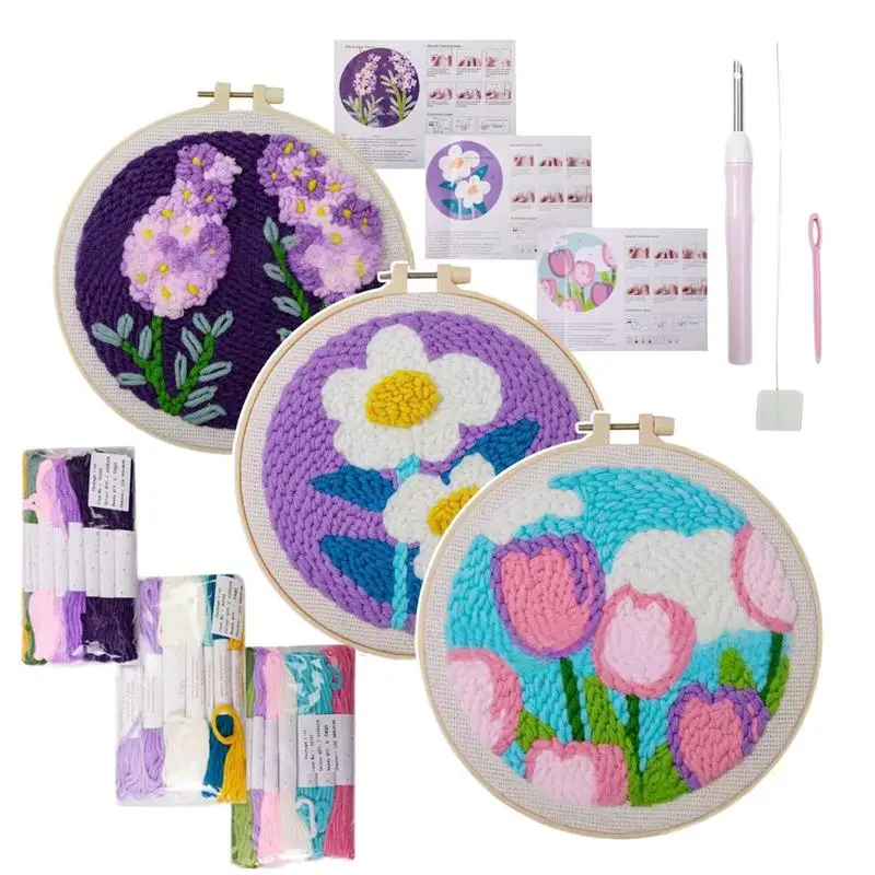 

Needle Punch Kits For Adults Set Of 3 Floral Design Needle Punch Art Coaster Kit Tufted Rug Pads Crafting Supplies Art Work