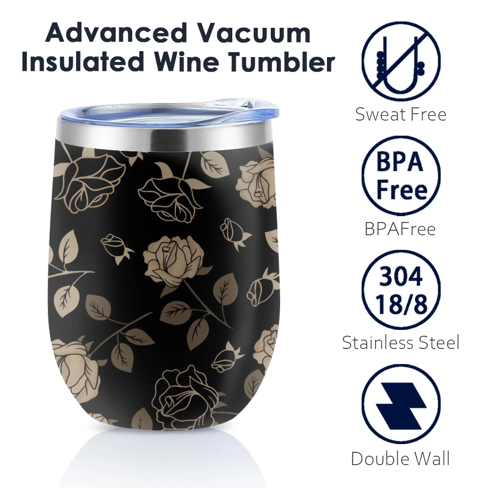 Black Background Flowers Vacuum Flasks 12oz Insulated with Lid Double Wall Vacuum Stainless Steel Cup Hot & Cold Drink Mug Gift