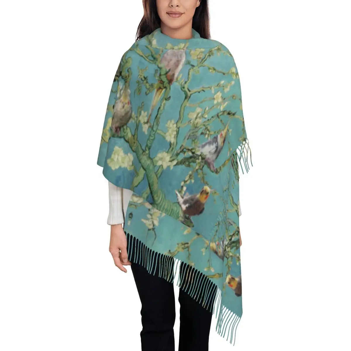 Custom Printed Birds Cherry Blossom Flowers Scarf Men Women Winter Warm Scarves Parrot Bird Shawls Wraps