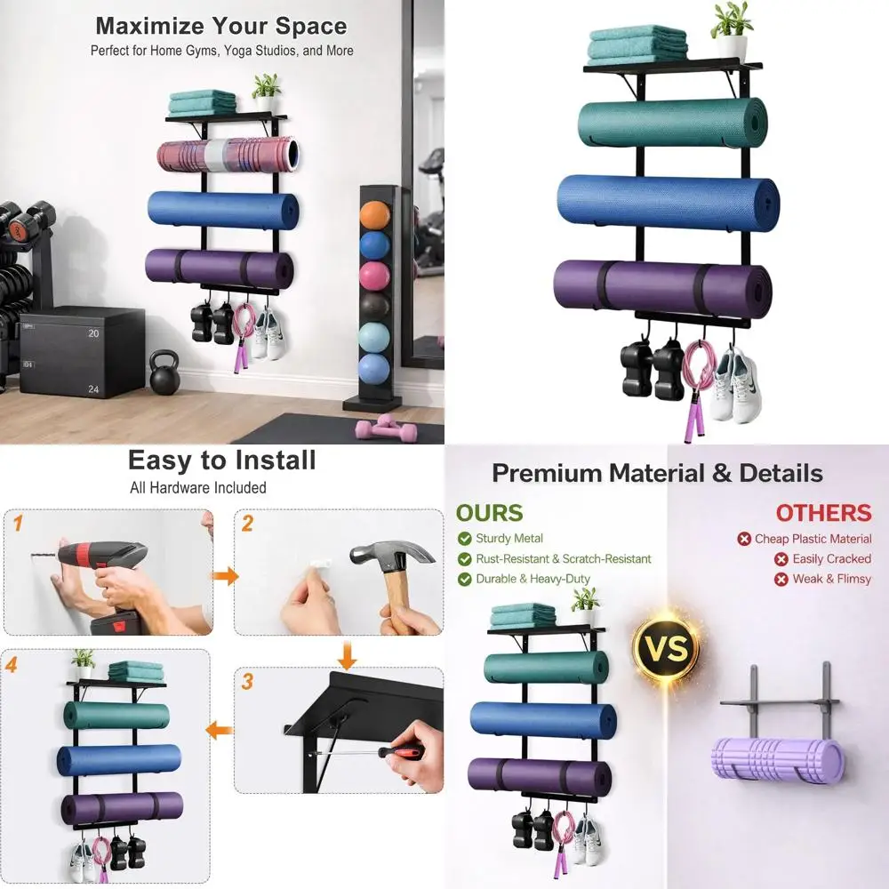 

Настенный держатель для ковриков для йоги с полкой и крючками для хранения ковриков, пенный ролик и спортивного инвентаря