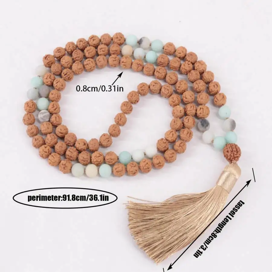 Natural Rudraksha 108 Beads Mala Necklace with Amazonite & White Jade Spacers view 6