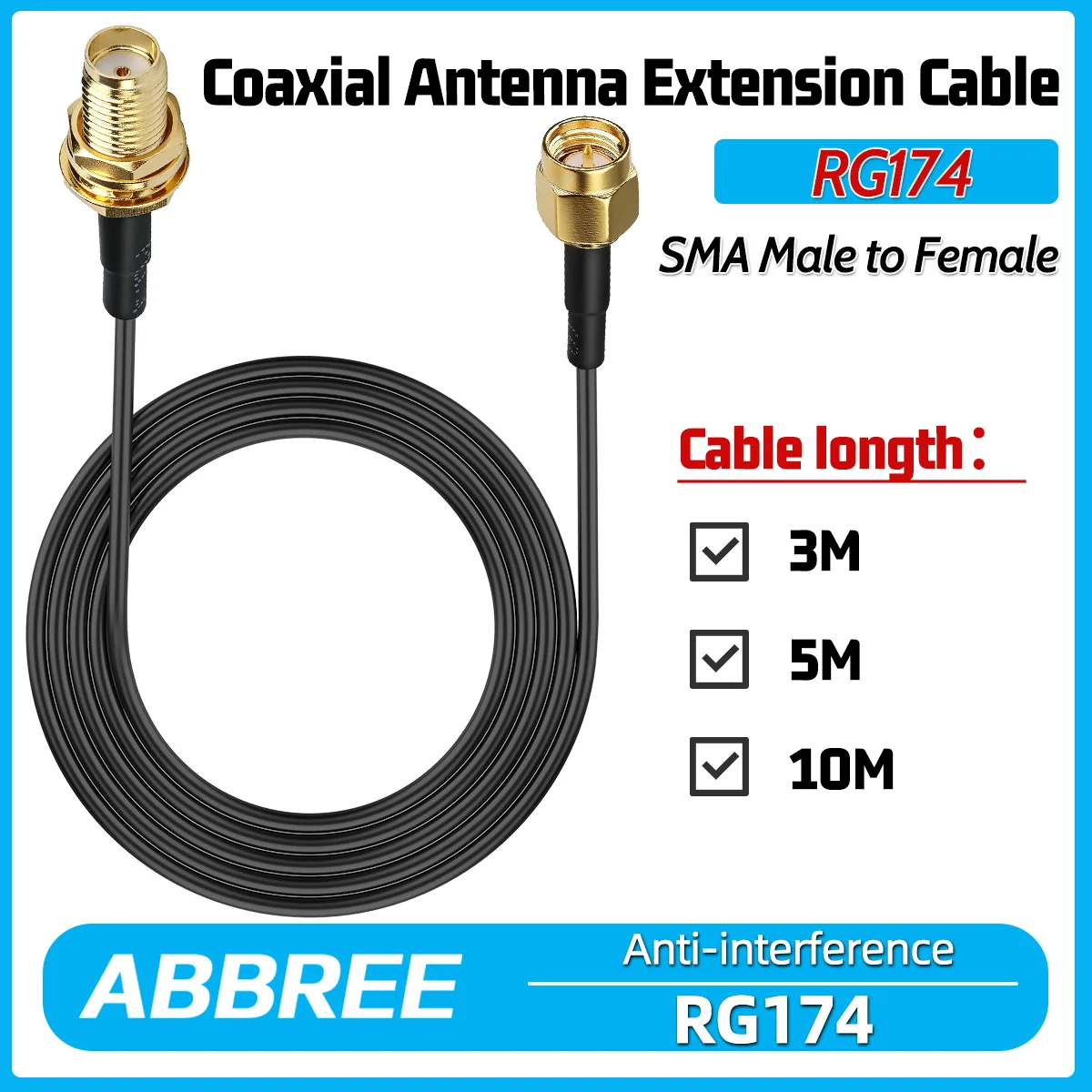 

ABBREE RG174 SMA Male to Female Coaxial Extension Cable WiFi Antenna RF Coax Pigtail 3M 5M 10M RF Adapter Pigtail