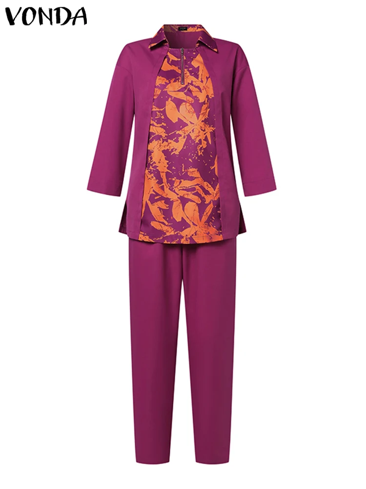Nadruk w stylu Vintage spodnie VONDA 2024 modne damskie topy z 3/4 rękawami i elastyczne spodnie w talii długie luźne zestawy Oversize 2 szt