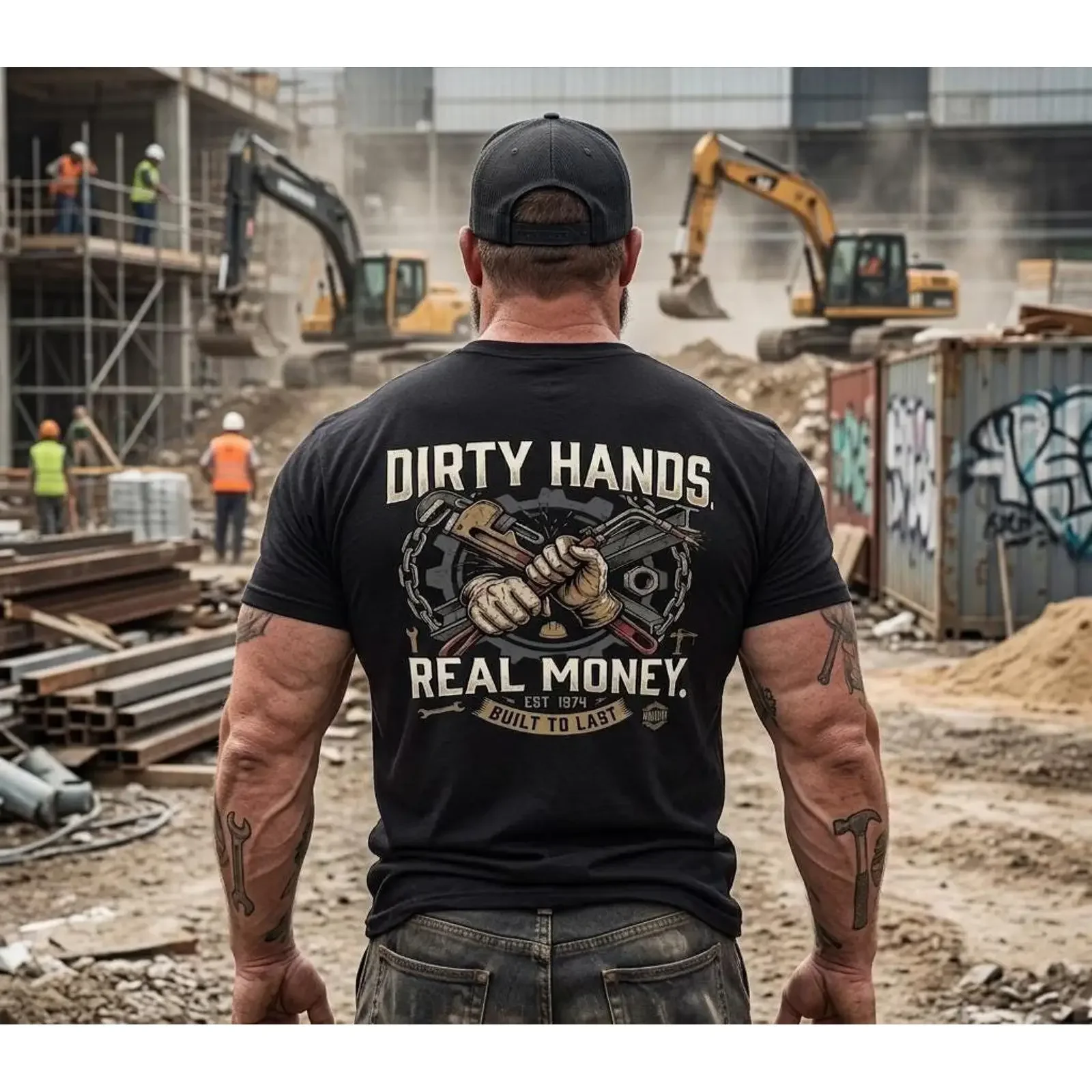 Dirty Hands Real Money Blue Collar Tradesman T Shirt Plumber Mechanic Pipe Wrench Hard Work Workwear vintage Washed Stylish