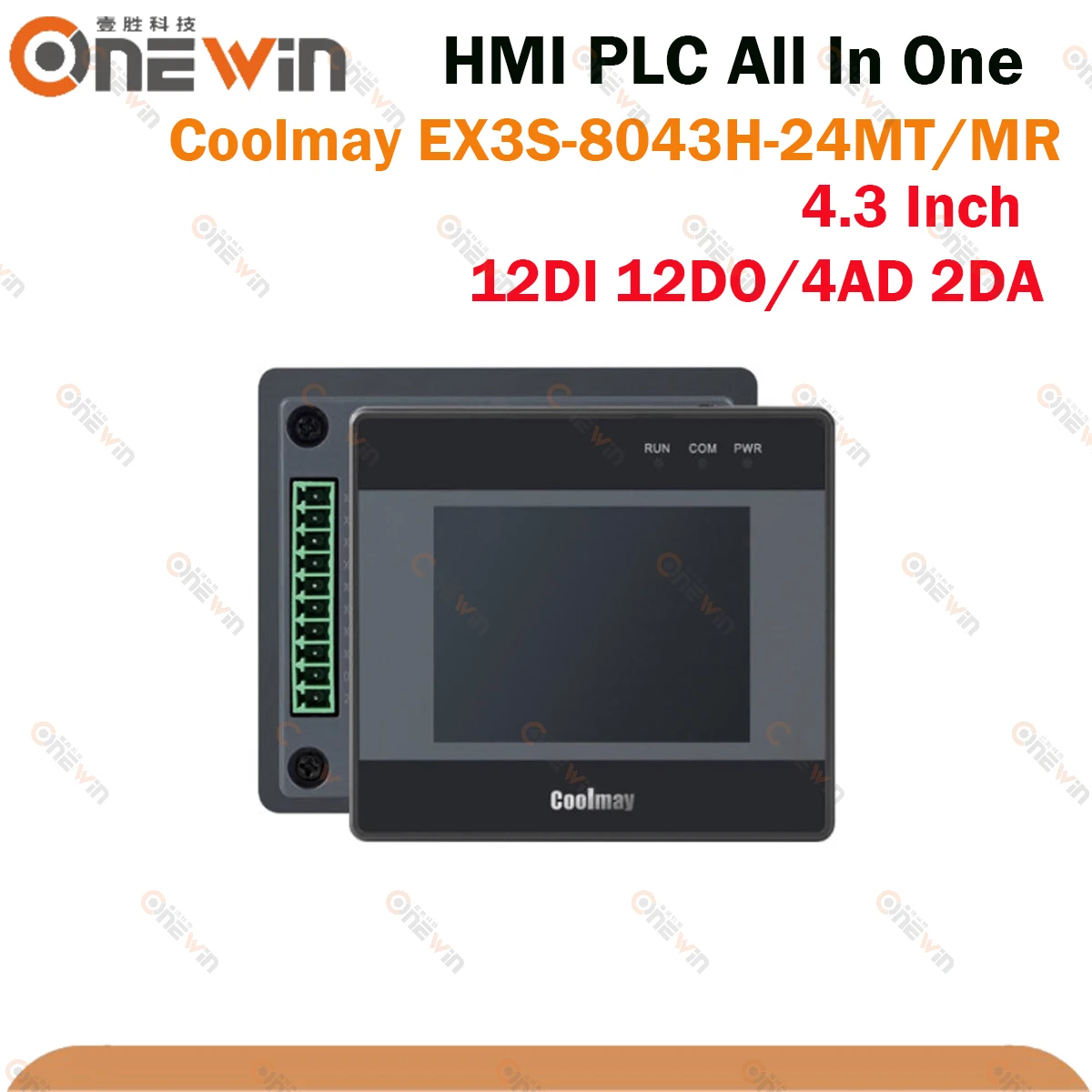 Coolmay 4.3 Inch 12DI 12DO HMI PLC All In One EX3S-8043H-24MR 24MT Touch Screen 4AD 2DA MODBUS RS232 RS485 Integrated