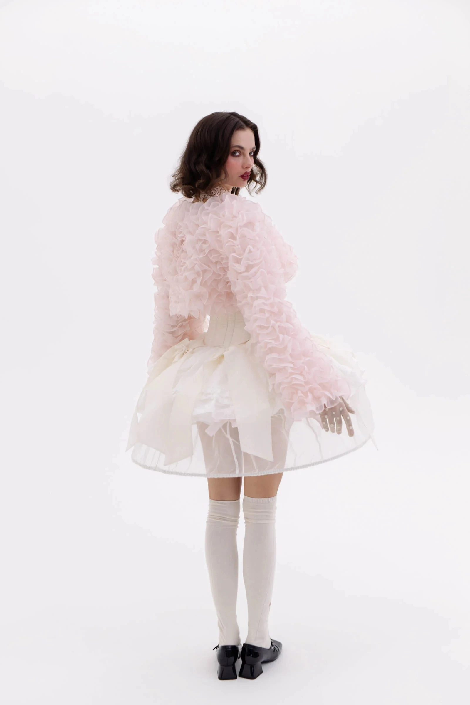 Princess Light Pink Short Women Jacket Fluffy Tiered Organza Full Sleeves Female Coat Outfit Women Blazer Ropa De Mujer