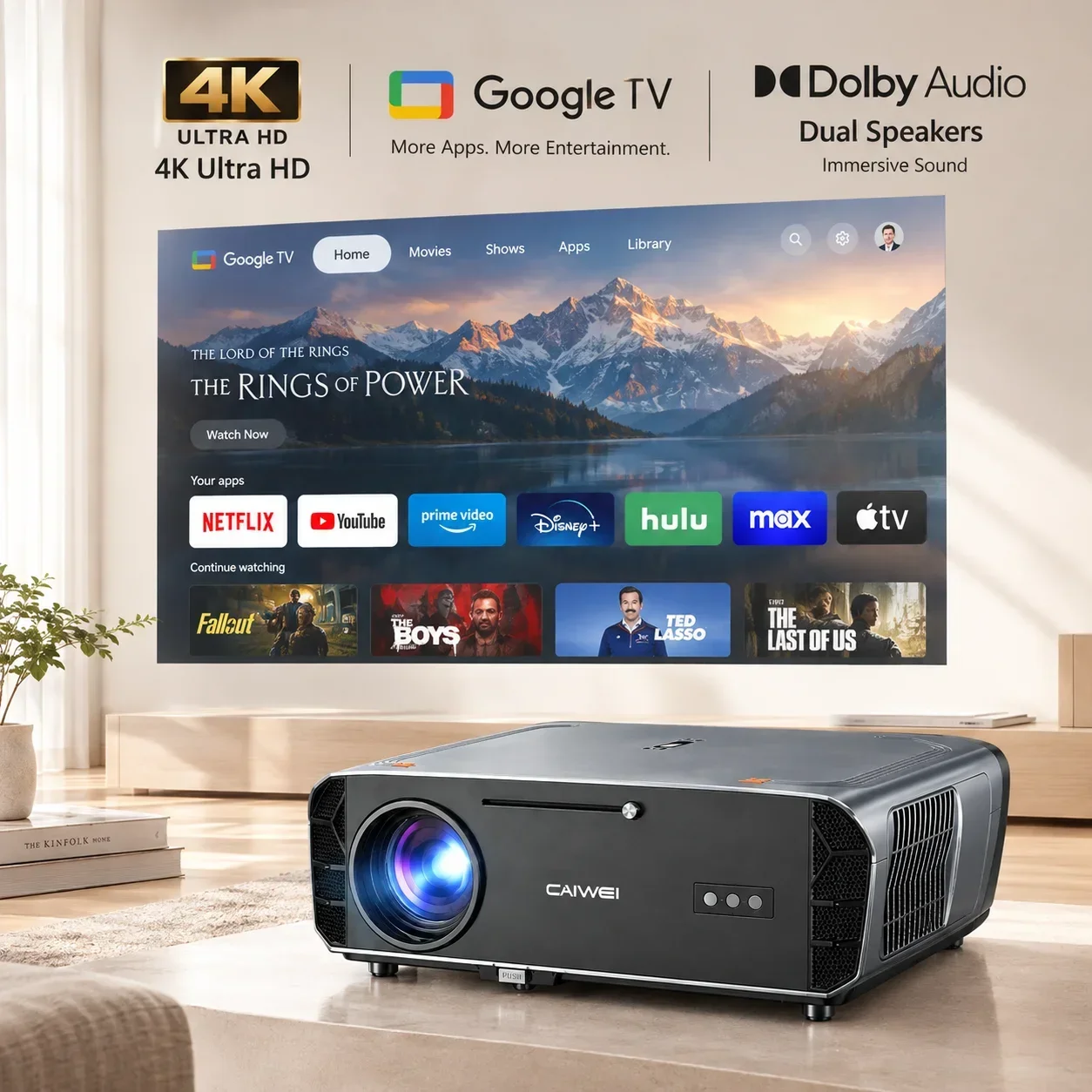 S7+ Projektor 4K 4200 ANSI Google TV Android 14 Smart Home Theater Autofokus WiFi 6 Podwójne Głośniki Projektor Filmowy Dnia 4K