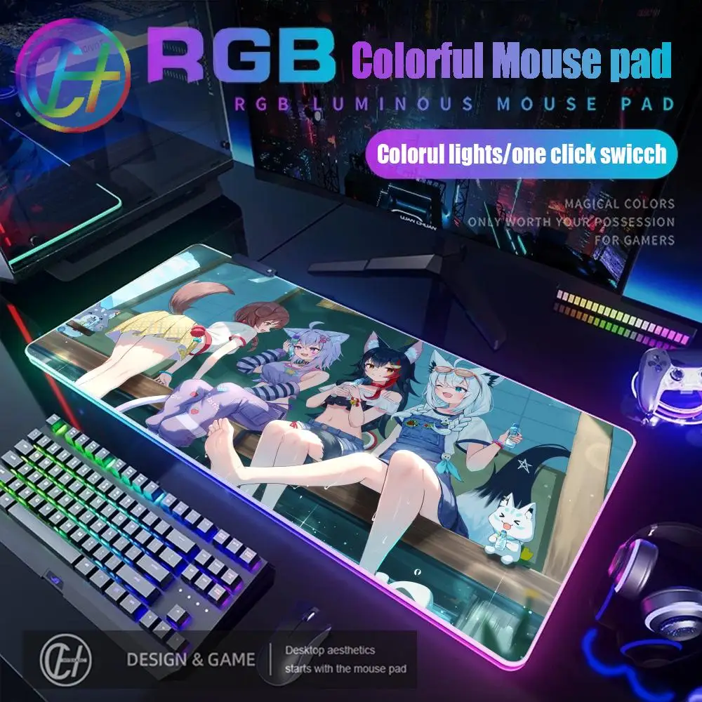 

Коврик для мыши RGB Gaming Mouse Pad Настольный коврик HD Gamer Большой светодиодный светильник XXL Kawaii Girl S-Shirakami F-Fubuki Силиконовый игровой коврик для мыши