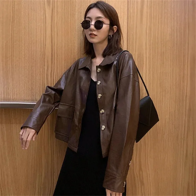 Genuine Leather Jacket For Women\'s Korean Version Loose Jacket 2024 Spring Autumn Short Short Short Jacket Retro Motorcycle Suit