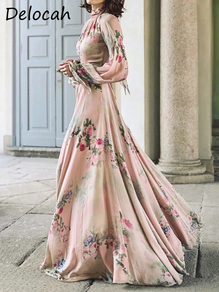 Delocah High Quality Spring Women Fashion Runway Big Swing A-Line Dress Flare Sleeve High Waist Holiday Flower Printed Dresses