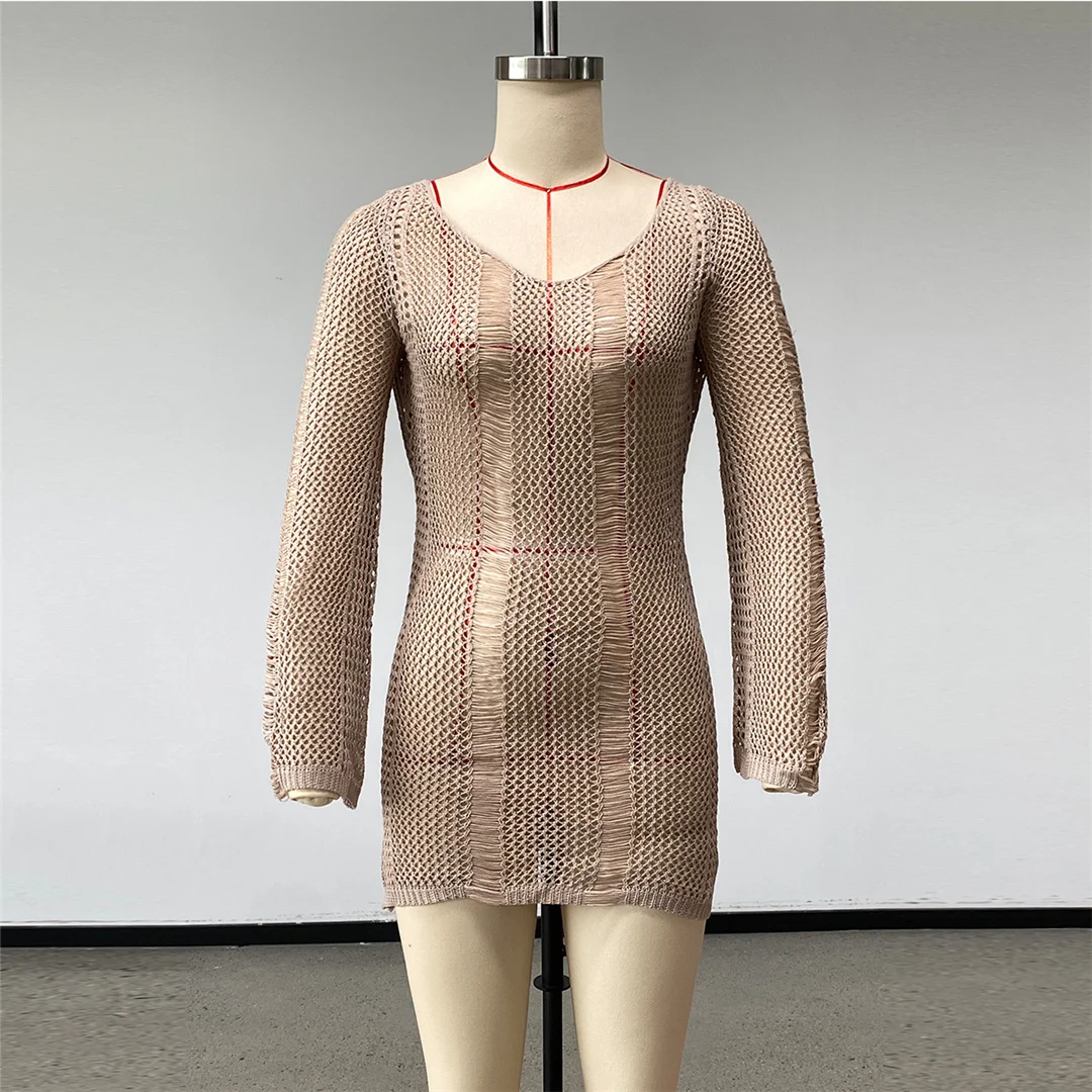 2026 Langarm-Schulterfreies Häkel-Strick-Tunika Strand-Überwurf Strandkleid Strandmode Damen V8330 – Detail 14