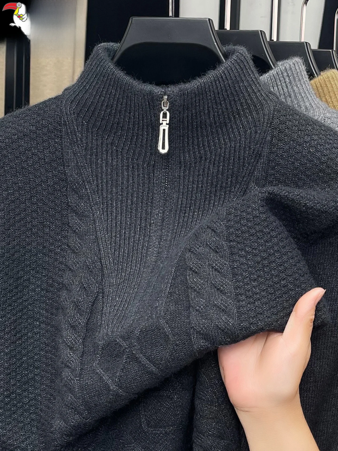 

Утепленный шерстяной вязаный свитер на молнии с высоким воротником для мужчин, однотонный, модный, зимний, повседневный, для отцов