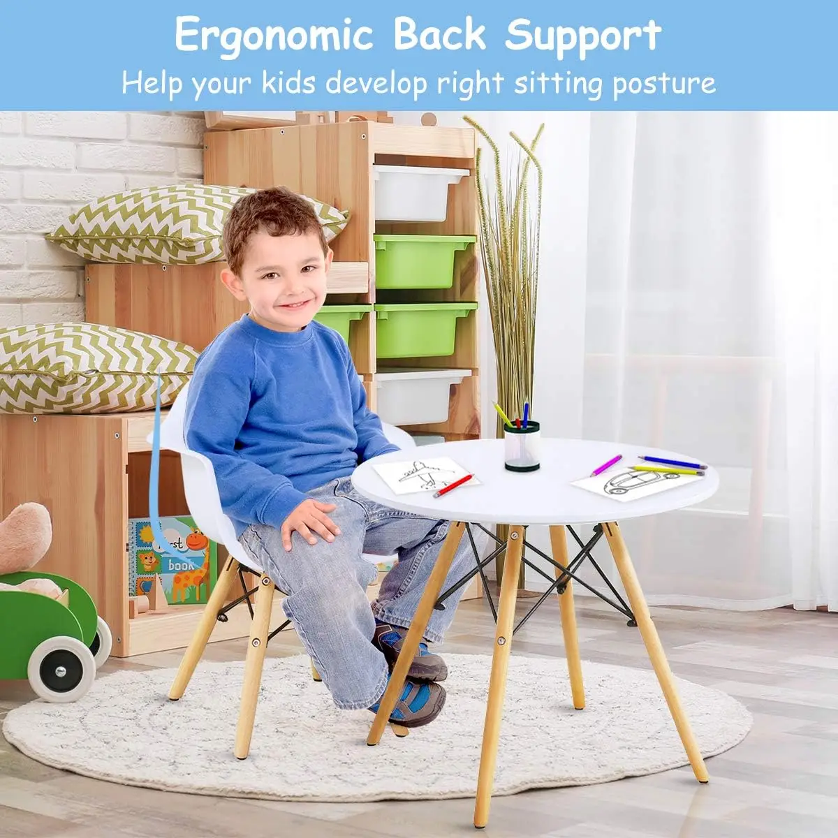 Juego de mesa y 2 sillas para niños, juego de mesa de estilo moderno de mediados de siglo, mesa redonda con sillones para niños pequeños, niños Di