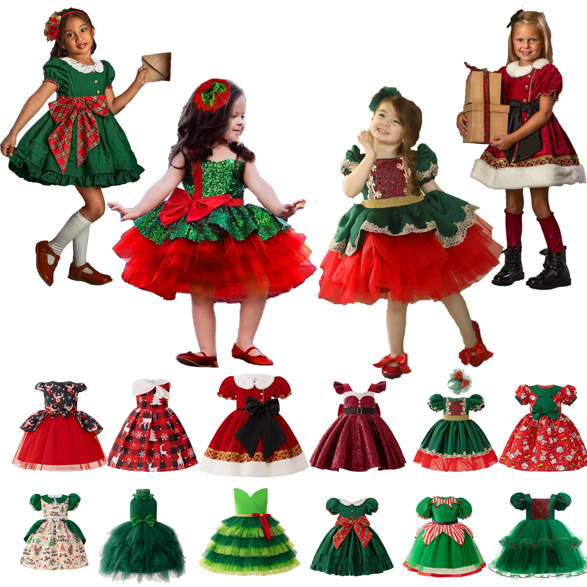 Ausgefallene rote Weihnachts-Partykleider für Mädchen, Weihnachtsmann, Milu, Hirsch, Schneemann, Schlitten, Tüll, Geburtstag, Prinzessinnenkleid, Brautjungfern-Kinderkleidung