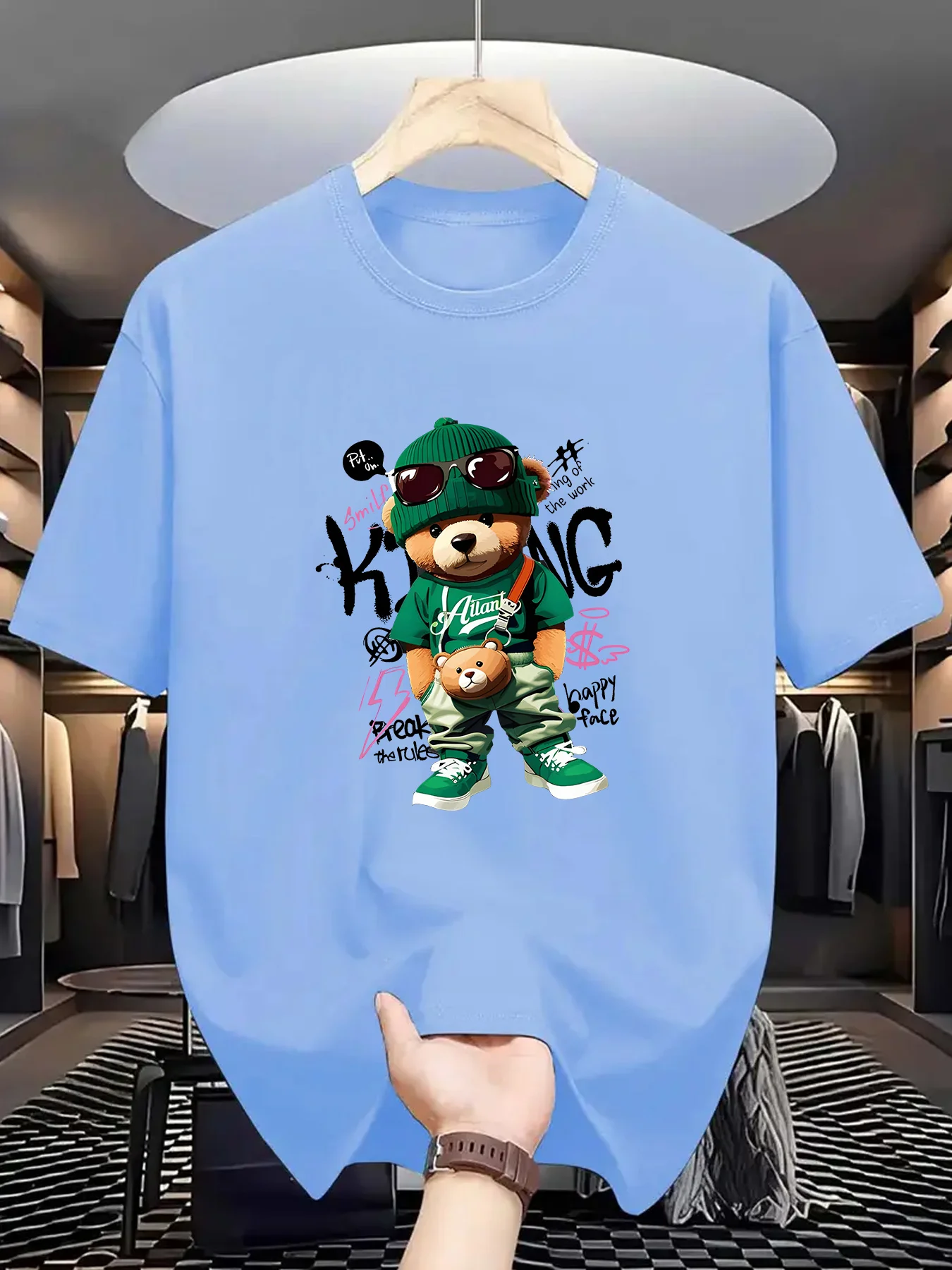 Men's Summer 100 Cotton Fashionable Casual Loose Large Geometric Bear Pattern Printed Sports Round Neck Short Sleeve T-shirt Top image 3