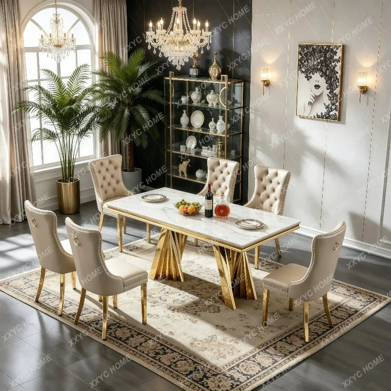 XXModern Custom Size Marble Dinner Table Heat Resistant Easy Clean Stone Top Stainless Steel Support For Commercial Interior