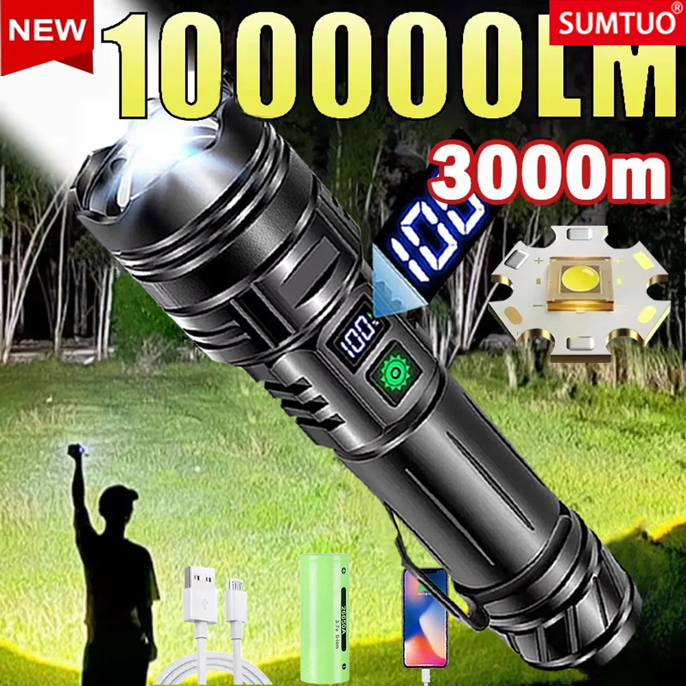 

1000000LM Most Powerful Led Flashlight Rechargeable 800W LED Flashlights High Power Zoom Torch Long Range 3000m Tactical Lantern