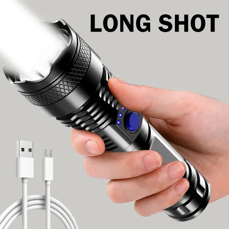 Powerful USB Rechargeable Tactical Torch: High-Strength LED Flashlight Portable Work Lamp Ideal for Outdoor Camping Hiking Safe