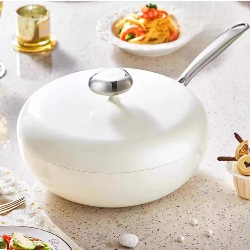 

Pebble wok white porcelain glazed non-stick pan household flat bottom wok gas induction cooker