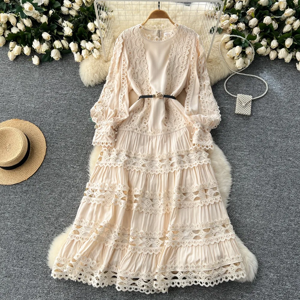 Neploe Temperament O Neck Lantern Sleeve Lace Dress Vintage Heavy Hollow Out Big Swing Mujer French Style Court Patchwork Robe