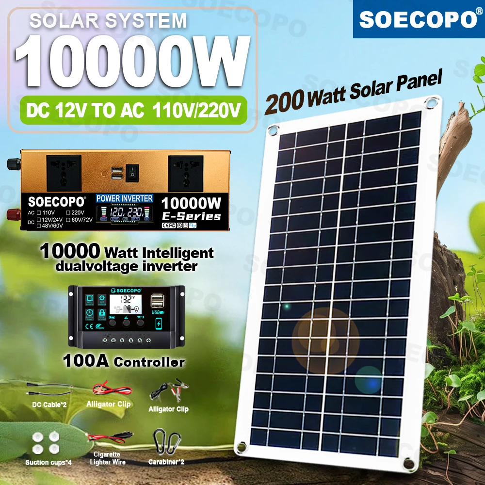 

10000W Off-Grid Solar Generator Kit Dual Volt 110V/220V Inverter 100A Controller 200W Panel Home/Camping/RV House Backup Power
