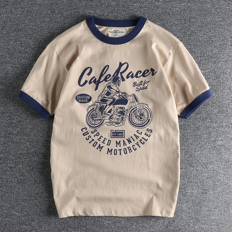 Washed Cotton Short Sleeve T-Shirt Men's Double Thread Print Retro American Style Youth Versatile T-Shirt Breathable Summer F...