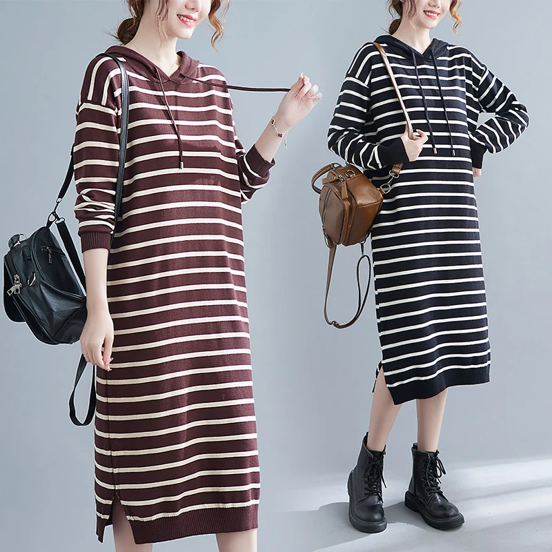 

Casual Hooded Knitted Dress Women's Clothing Spring Autumn New Retro Large Size Stripe Sweater Dress Loose Hoodies bd513