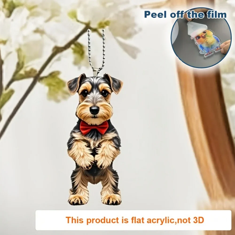 Cute Schnauzer-Patterned Pendant Keychain,Dog with Bow Tie 2D Flat Acrylic Hanging Charm,Decor for Car,Bags,Festive,Party,Gift