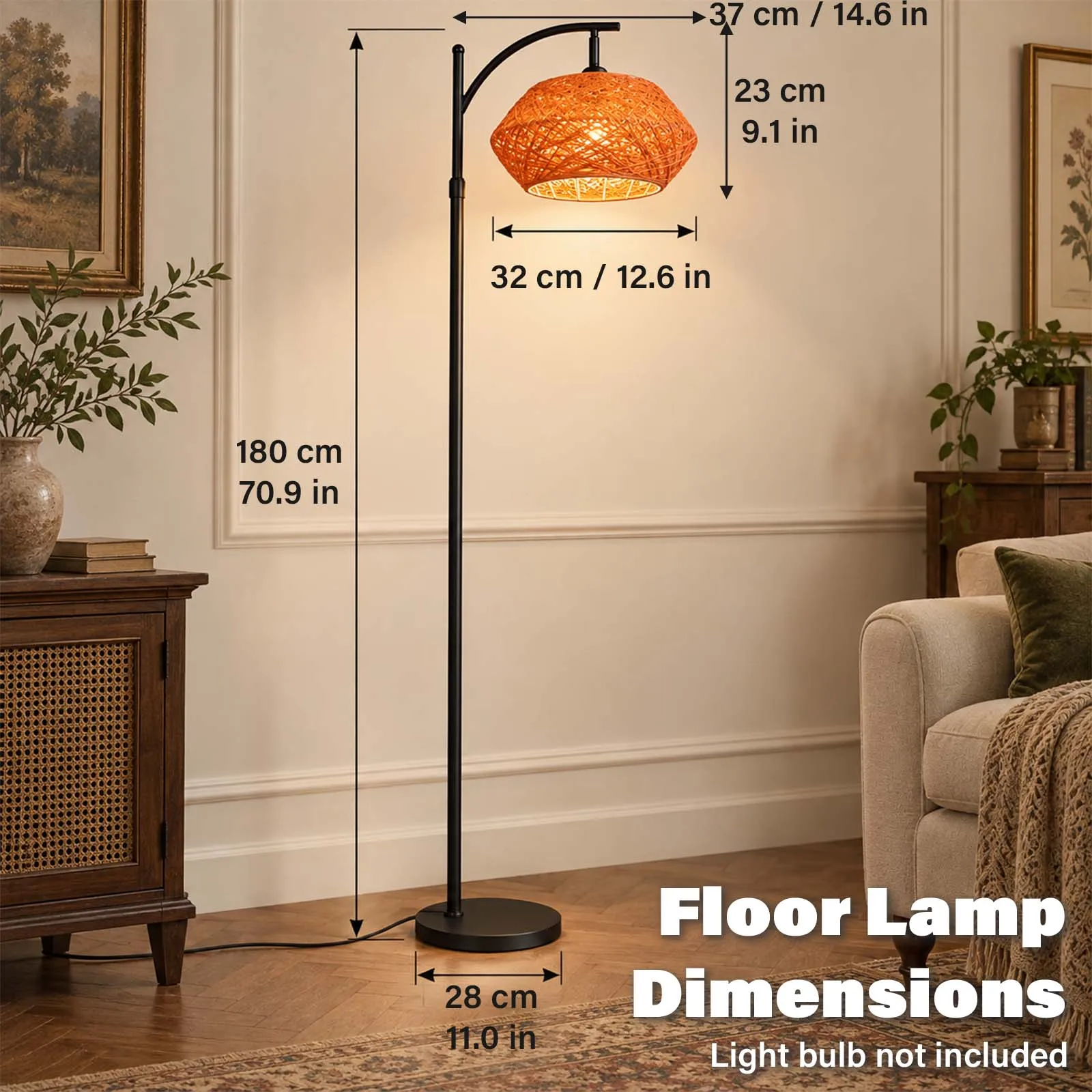 Floor Lamp, Orange Diamond Woven Rattan Shade, Black Pole, Boho Bedroom Reading Corner