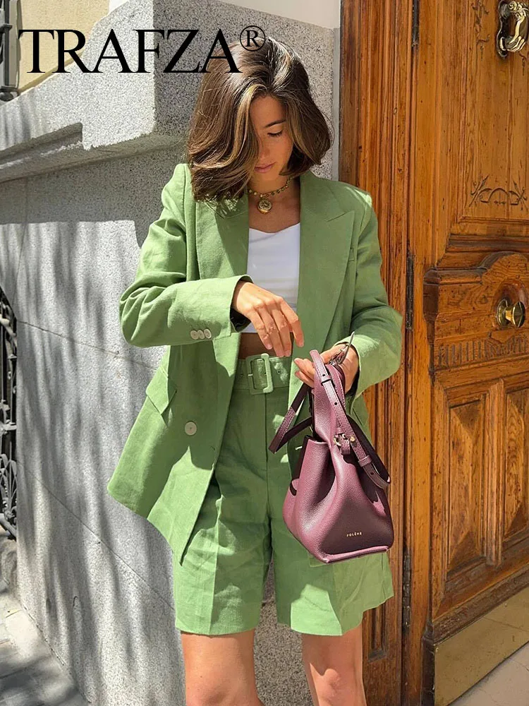 TRAFZA 2024 New Fashion Women\'s Green 2 Piece Set Long Sleeves Lapel Blazer Coat + Belt Zipper Pockets Wild Woman Mini Shorts