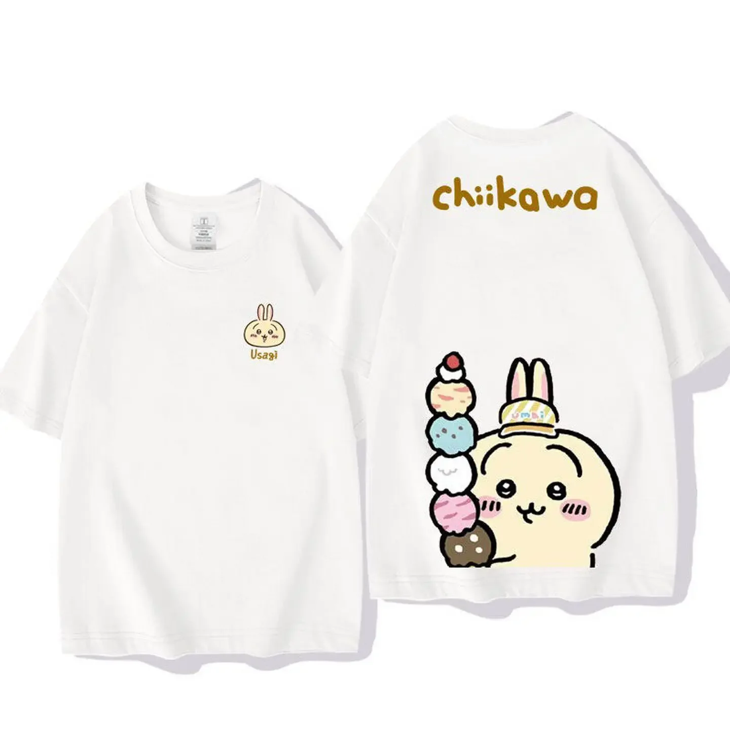 Chiikawa Usagi Ice Cream Double Sided T-shirt Front Back Cartoon Print White Cotton Tee Unisex Kawaii Casual Short Sleeve Shirt