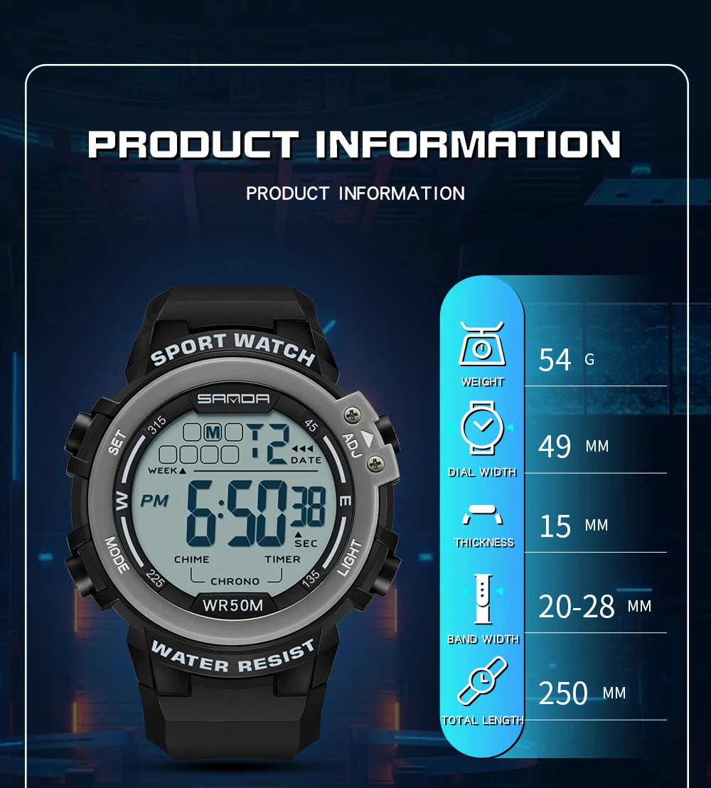 SANDA 2140 New Fashion Outdoor Sport Men Multifunction Watches Alarm Clock Chrono 5Bar Waterproof Digital Watch reloj hombre