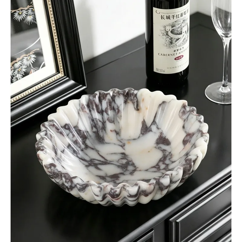 Natural  Marble Fluted Fruit Bowl, Nordic Light Luxury Decor Tray, Hand Carved Stone Storage Basin for Living Room Home Decor