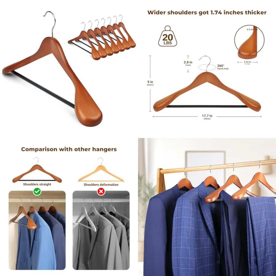 

Coat Hanger 8-Pack, Wood Hangers Trouser Hangers Extra Wide Shoulder Wooden Hangers for Heavy Coat, Sweater, Skirt, Suit, Pants