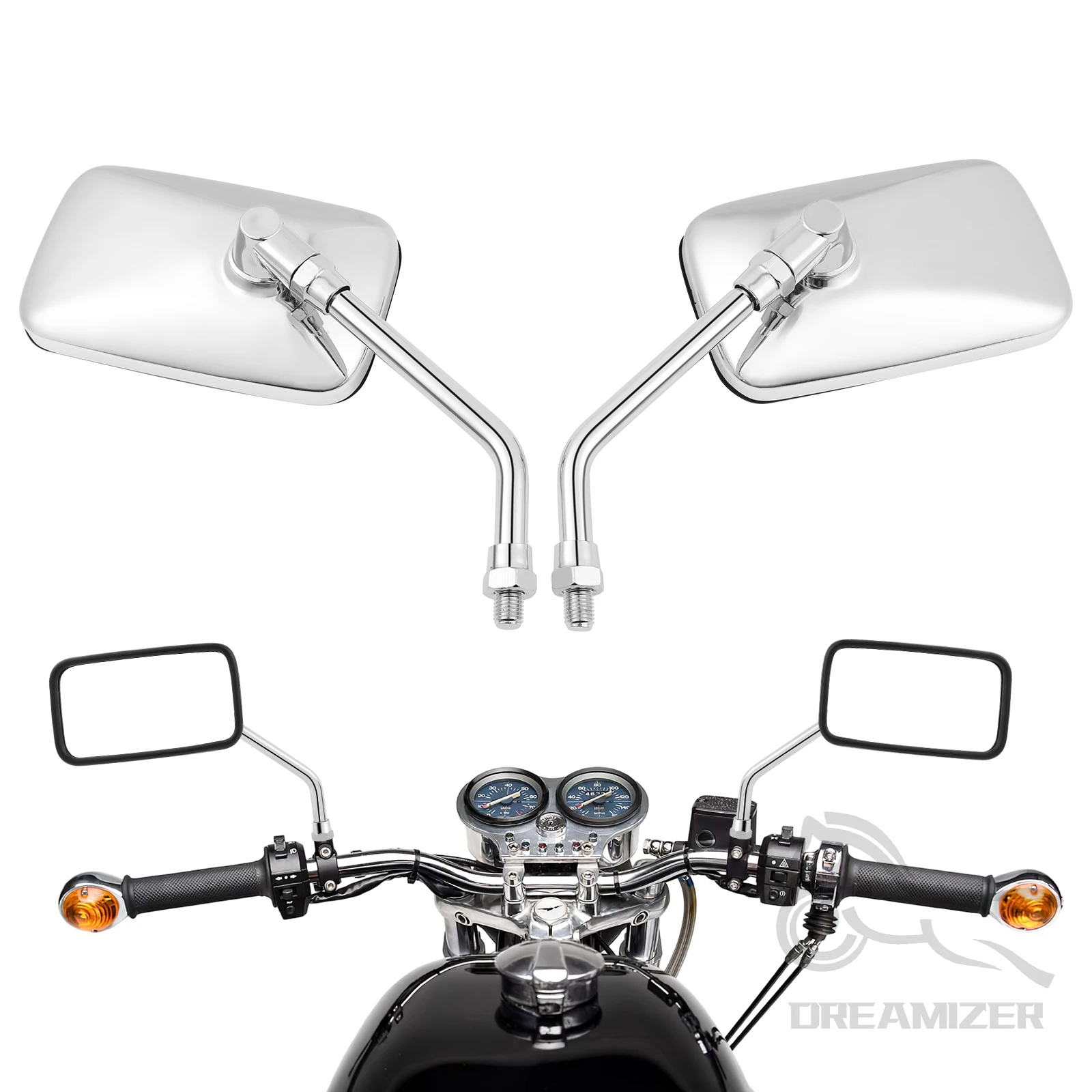 M10 Motorcycle Side Mirrors Chrome Rectangular Motorcycle Rearview Mirrors For Bobber ATV Street Bike Cruiser Chopper