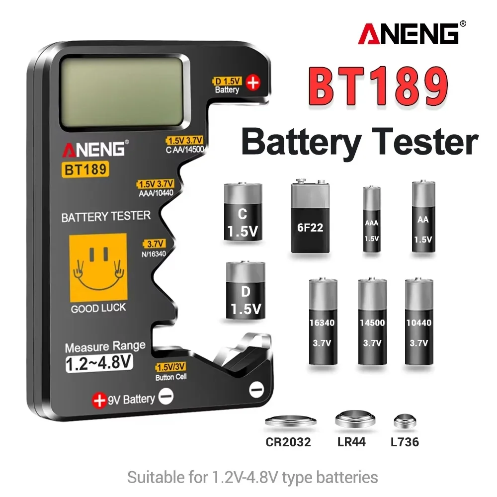 

ANENG BT189 Digital Battery Tester Volt Checker for 9V AA AAA C D Button Cell Multiple Size Battery Tester Voltage Meter Tool