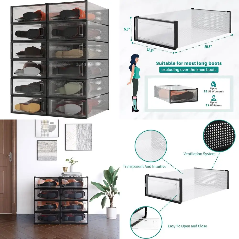 منظم تخزين الأحذية الشفاف القابل للتكديس، مجموعة مكونة من 12 قطعة للأحذية والأحذية، صناديق أحذية بلاستيكية موفرة للمساحة #1