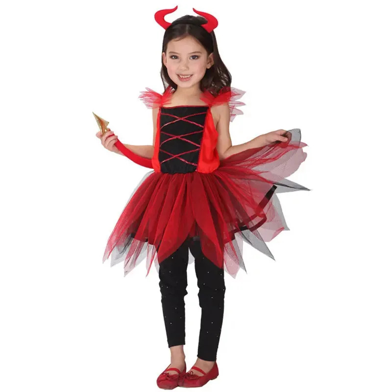 Disfraces de diablo de cuerno rojo aterrador para niños, disfraz de demonio para niños y niñas, disfraz de Halloween, vestido de Cosplay elegante
