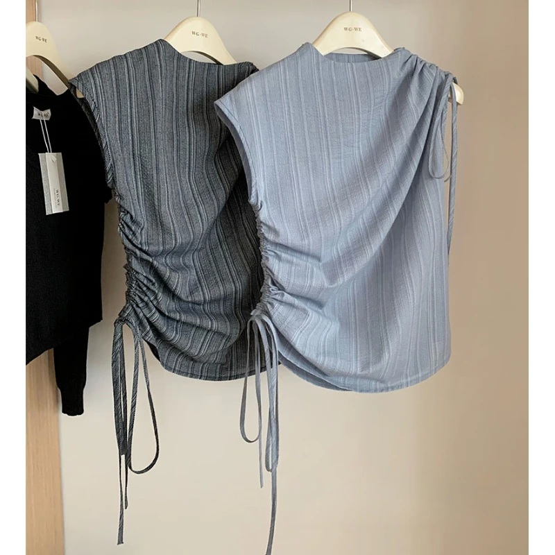 

French High End O Neck Sleeveless Simple Summer Commuter Top Y2k Aesthetic Side Drawstring Design Clothes Harajuku Striped Tees