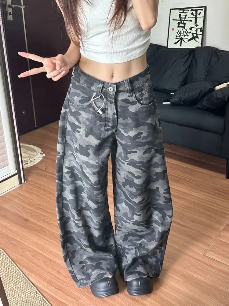 أنيقة أنيقة الأمريكية البضائع كامو مستقيم الساق السراويل النساء خمر عالية الخصر واسعة الجينز فضفاضة تناسب التخسيس الطابق طول الدنيم #2