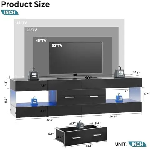Black TV Stand for 55/60/65 Inch TV, High Gloss Modern TV Stand with Stone-Patterned Side Panels, LED Entertainment