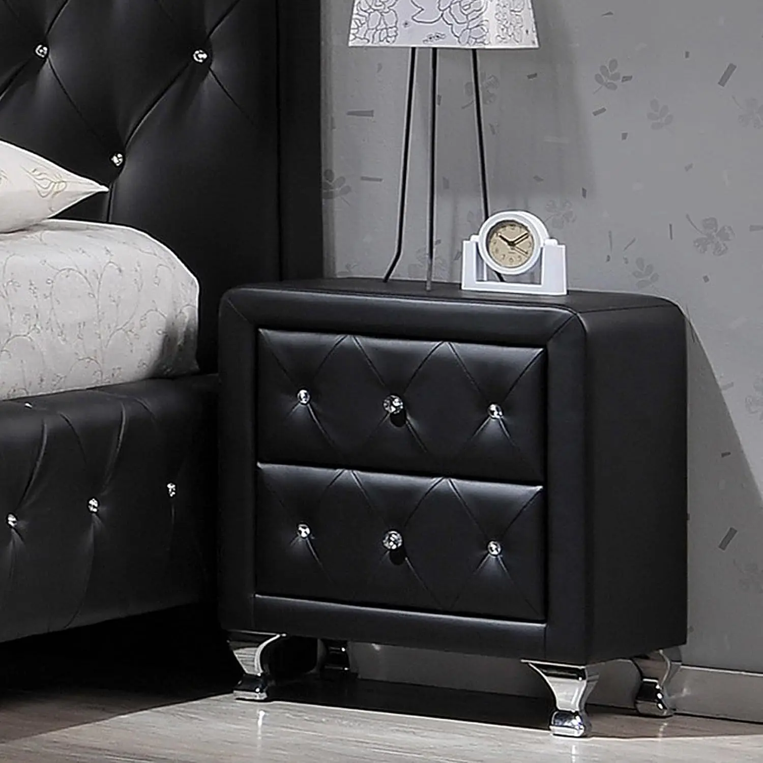 Faux Leather Nightstand 2 Drawers Crystal Buttons Chrome Legs Wood Metal Bedroom 23.75