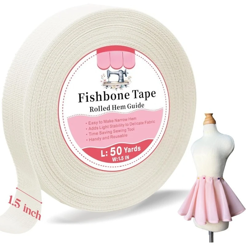 

50 Yards Fishbone Rolled Hem Tape Sewing Narrow Hem Guide for Chiffon Fabric Edge Sewing Tool Boning Lining Hemming Tape