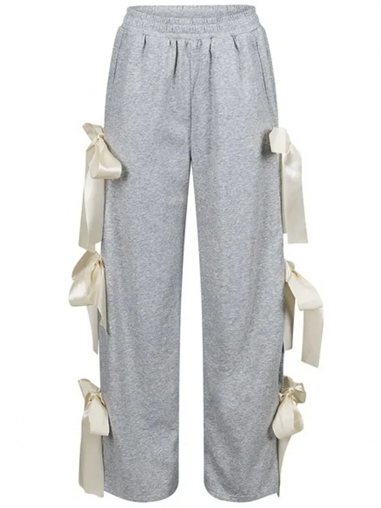 الدانتيل يصل القوس السراويل للنساء واسعة الساق عالية الخصر السراويل مكتب السيدات عادية رشاقته الدافئة شرابات السراويل 2025 الخريف الشتاء