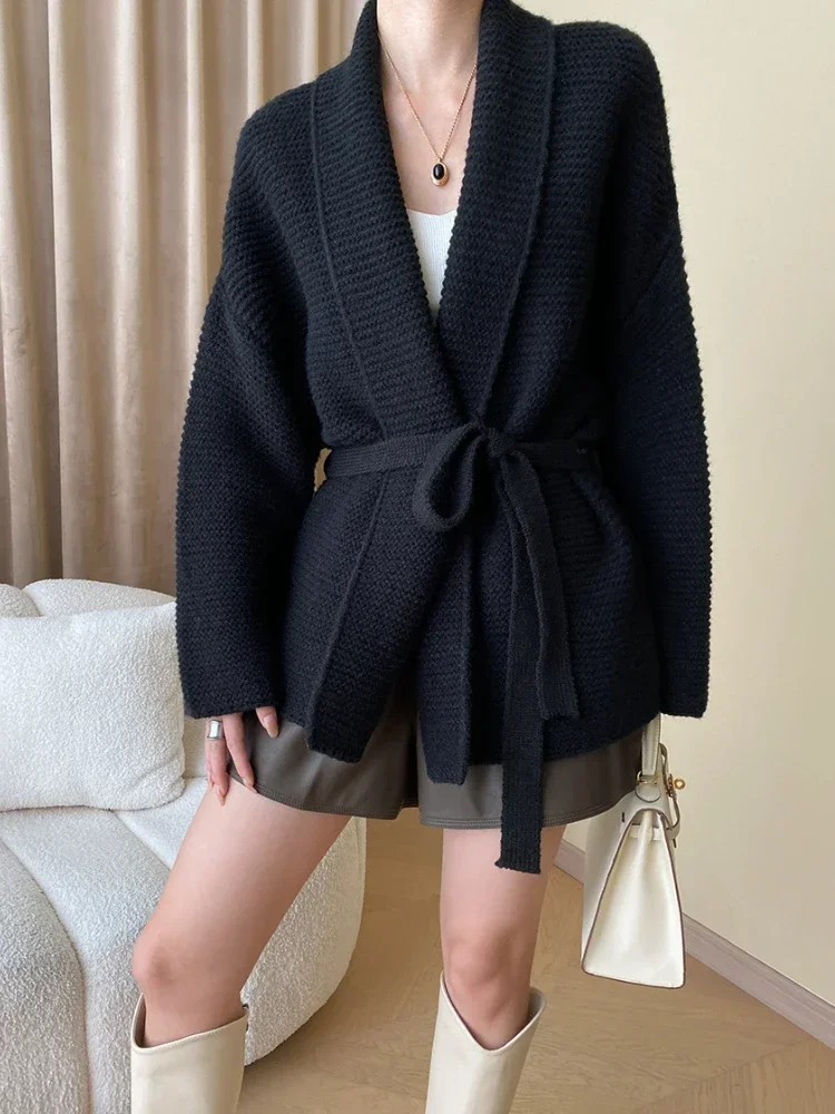 Knitted Cardigan Sweater Loose Lace Up Waist Retraction Oversized Cardigan Autumn New Grey Warm Fashion Coats for Women 2024