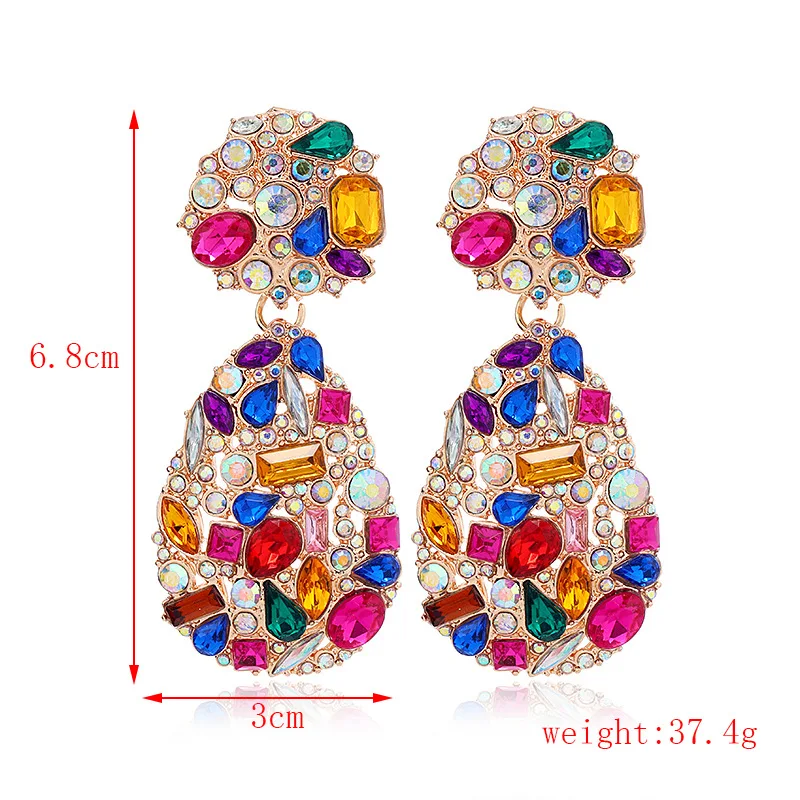 Luxury Exaggerated Colorful Crystal Teardrop Clip on Earrings Rhinestone Non Pierced Statement Dangle Earrings for Women Jewelry