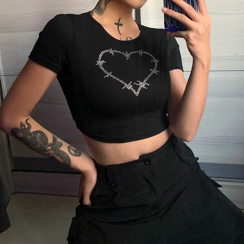 Y2k Aesthetic Graphic Tank Tops Women Rhinestone Heart Shape Print Vest Summer Slim Tanks Short Top O Neck Short Sleeve Crop Top