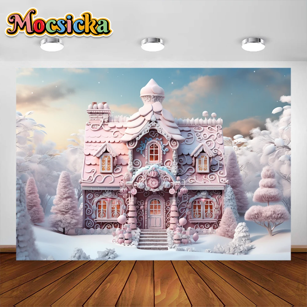 Mocsicka Traum Garten Landschaft Schloss Fotografie rosa Haus Schneeflocke Weihnachts baum Kinder Porträt Studio Requisiten Banner